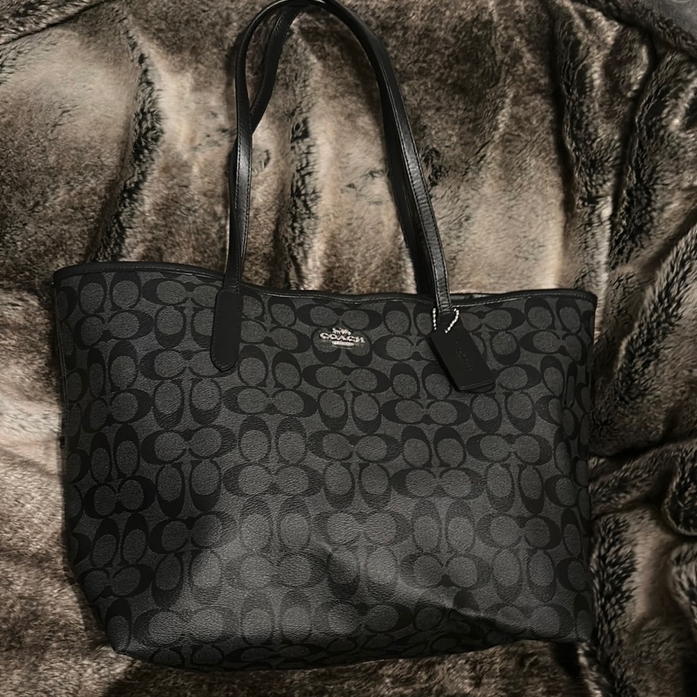 Coach Black Monogram City Tote with Leather Trim NWT